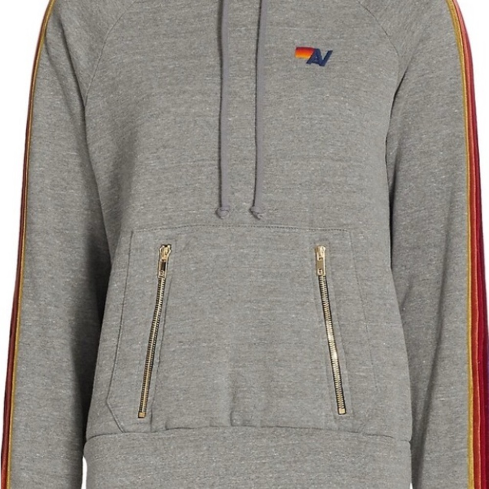 Aviator Nation Hoodie with rainbow velour striped sleeves